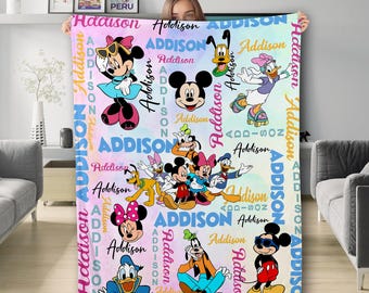 Personalized Watercolor Mouse and Friend Blanket, Custom Name Castle Baby Fleece Blanket, Magic Kingdom Christmas Gift for Kids