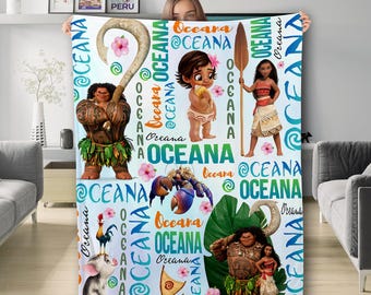 Personalized Watercolor Moana Blanket, Baby Girl Princess Moana Birthday Girl Gift, Moana Name Maui Hei Hei Tamatoa Family Decor