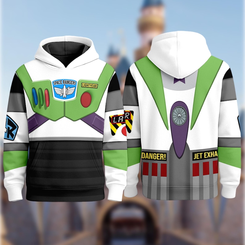 A colorful hoodie with a space ranger design, featuring a white and green color scheme with various patches and insignia.