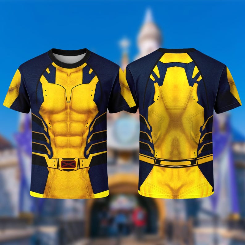 A yellow and black t-shirt with a graphic design depicting a muscular torso and yellow accents, resembling a superhero costume.
