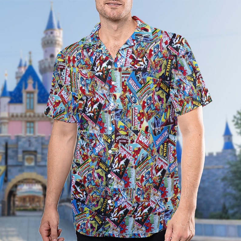 Spiderman Thor Hulk Iron Man Captain America Wolverine Hawaiian Shirt, Superhero Characters Button Up, Super Hero Trip Hawaii Tee 画像 1