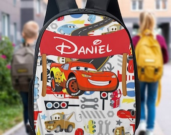 Personalized Car World Backpack, Custom Name Red Racing Car Bottle, Red Car And Friends Lunch Bag, Car Racing Lover Movie School Bag