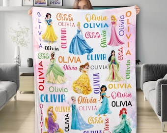 Personalized Watercolor Princess Blanket, Custom Name Baby Girl Fleece Blanket, Princess Birthday Kid Gifts, Princess Character Quilt