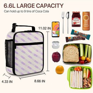 May include: A white and lavender insulated lunch bag with a black handle and trim. The bag is 8.66 inches wide, 11.02 inches tall, and 4.33 inches deep. The bag has a mesh side pocket and can hold up to 9 cans of Coca Cola.