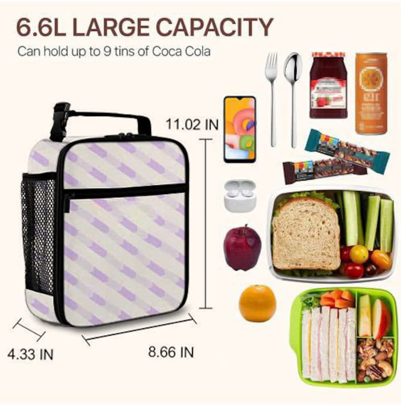 May include: A white and lavender insulated lunch bag with a black handle and trim. The bag is 8.66 inches wide, 11.02 inches tall, and 4.33 inches deep. The bag has a mesh side pocket and can hold up to 9 cans of Coca Cola.