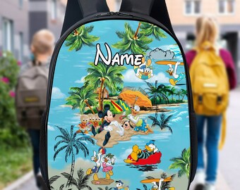 Personaliseer rugzak muis en vrienden 3D all-over bedrukte tas, Aloha lunchtas met eendenpaarthema, fles met stripfiguren