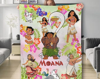 Personalized Watercolor Moana Blanket, Baby Girl Princess Moana Birthday Boy Girl Gift, Maui Hei Hei Tamatoa Family Bedding Quilt