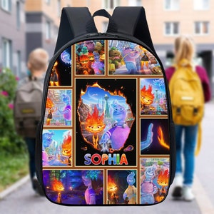 May include: A black backpack with a colorful design featuring characters from the animated movie "Elemental". The backpack has a zipper closure and a mesh pocket on the side. The name "Sophia" is printed on the front of the backpack.