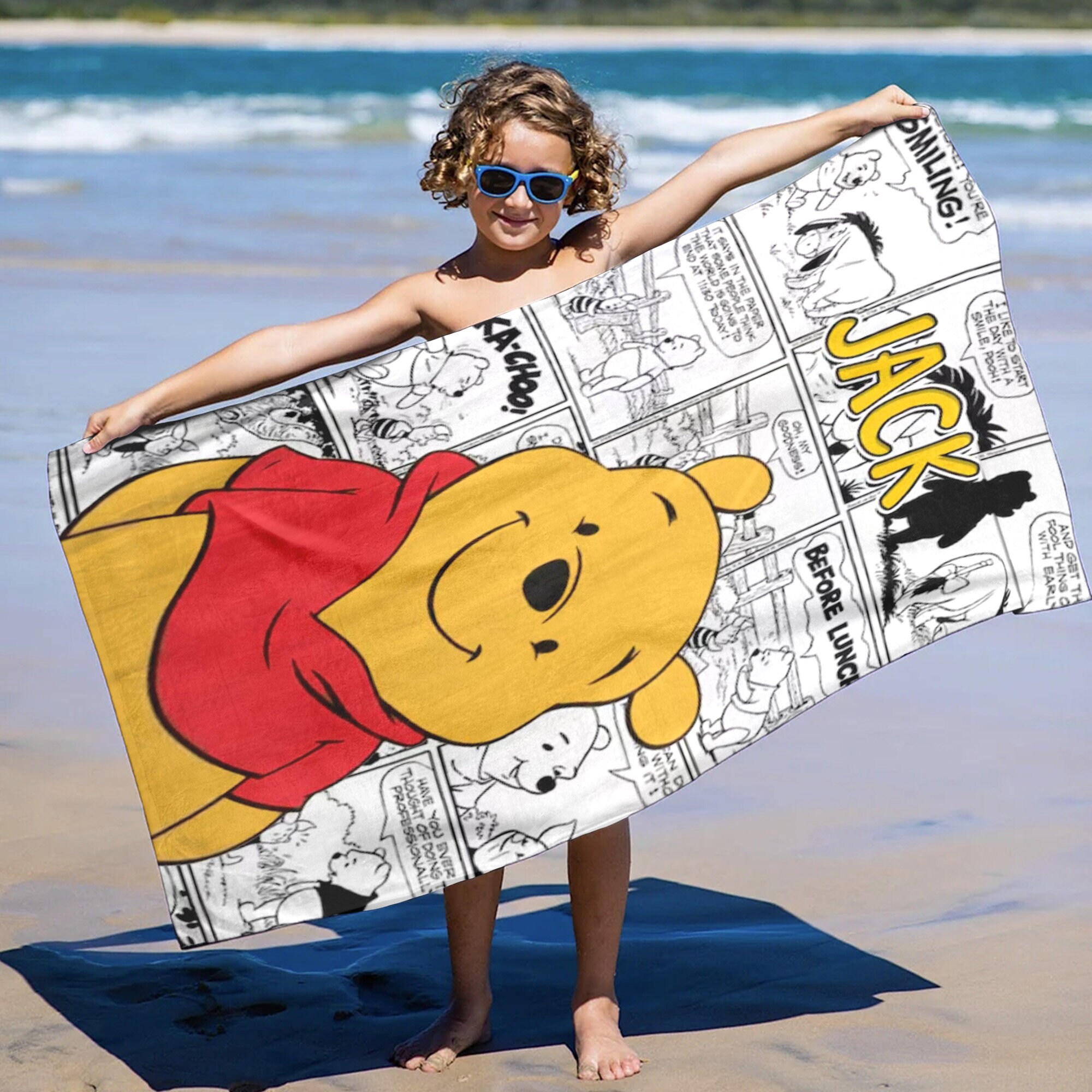 Personalized Cute Honey Bear Beach Towels, Custom Name Comics Layout Beach Towels