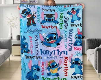 Personalized Watercolor Stitch and Lilo Blanket, Kid Name Blanket, Cartoon Movie Blanket, Stitch Blanket, Custom Name Stitch Birthday Gift
