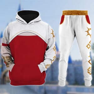 May include: A matching white and red hoodie and sweatpants set. The hoodie has a black hood, white sleeves, and a red torso. The sweatpants are white with gold accents. The set features a unique design.