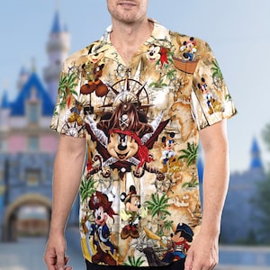 Disney Mickey Mouse Pirates of The Caribbean Treasure Map Hawaiian Shirt, Mickey Mouse Button Up, Mickey Mouse Hawaii Shirt, Mickey Pirate image 1
