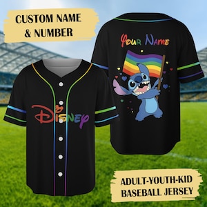 Custom Stitch Rainbow Pride Baseball Jersey, LGBT Team Baseball Jersey, Stitch Rainbow Flag Jersey Shirt, Cartoon Happy Pride Month Gift