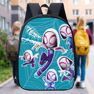 May include: A blue backpack with a white spider-person character on it. The backpack has a black zipper and straps. The spider-person character is wearing a white mask and a purple and pink suit. The backpack has the word "Honor" written on it.