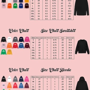 three color charts and three size charts for long sleeves, sweatshirts, and hoodies. The charts display the size and color options for each type of clothing item.