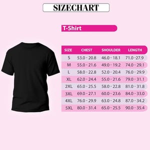a black t-shirt with size information and a table below it, providing the sizes and corresponding measurements for different chest, shoulder, and length options.