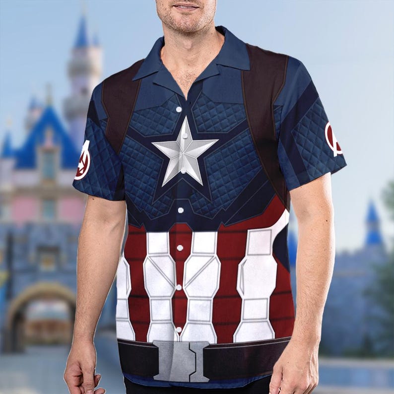 May include: A blue and red short-sleeved button-up shirt with a white star and a red, white, and blue pattern. The shirt features a design inspired by Captain America's costume.
