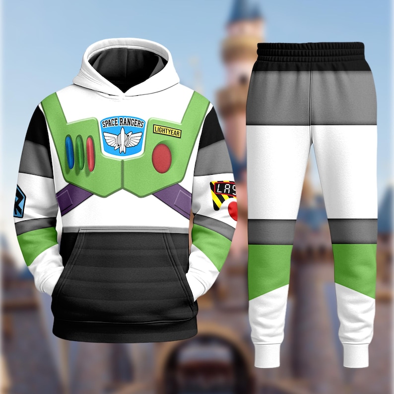 A printed hoodie and pants featuring a space ranger design, with a colorful and detailed pattern.