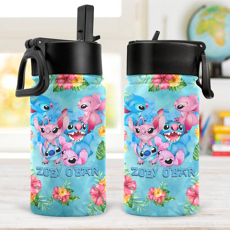 May include: Two water bottles with black lids and handles. The bottles feature a light blue background with cartoon characters and floral accents. The text "ZOEY OBAR" is printed on the front of each bottle.
