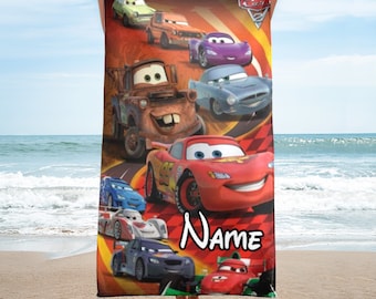 Toallas de playa personalizadas con coches, toalla de baño con coche rojo y amigos, toalla de verano con coche de carreras, toallas de películas de coches, regalos de viaje familiar con dibujos animados