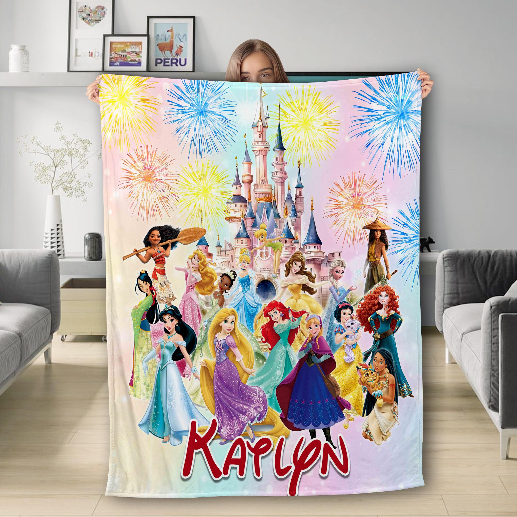 Personalized Watercolor Princess Blanket, Custom Name Princess Baby Blanket, Princess Birthday Girl, Princess Mulan Belle Aurora Rapunzel