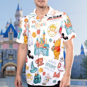 Retro Bear And Magic Castle Hawaii Shirt, Blue Dog Button Up Shirt Holiday, Dream Comes True Hawaiian Shirt, Cartoon 3D All Over Print Shirt