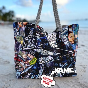 Personalize Star War All Characters Beach Bag, Custom Name Star War Tote Bag, Movie Character Bag, Summer Vacation Gift For Mom, Daughter