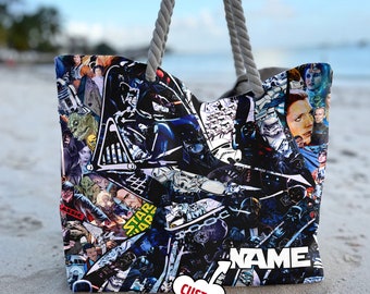 Personalize Star War All Characters Beach Bag, Custom Name Star War Tote Bag, Movie Character Bag, Summer Vacation Gift For Mom, Daughter