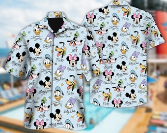 Mickey y sus amigos en Hawái, Conjunto de Mickey y sus amigos en el parque Disney para hombre y mujer, Camisa hawaiana, Camisa de botones de Mickey Disney, Conjunto Disney a la moda