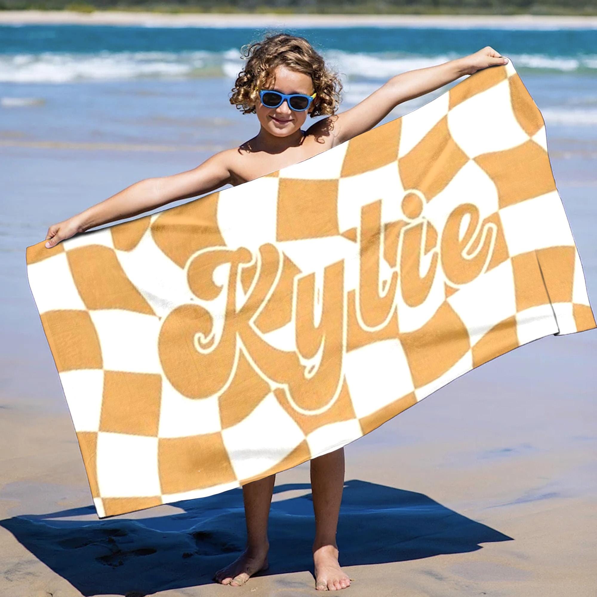Discover Personalized Square Stripes Beach Towel, Custom Name Family Vacation Towel