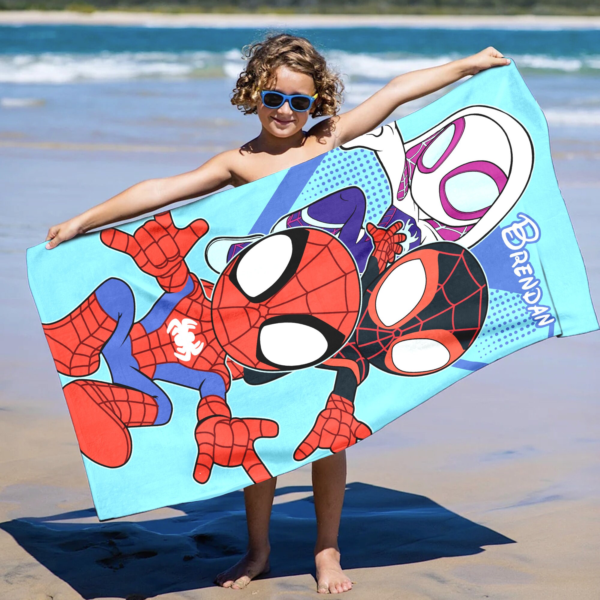 Custom Spider Beach Towels, Spider and Friends Beach Towel, Superhero Movie Bath Pool Towel