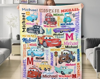 Personalized Car Movie Blanket, Characters Blanket, Magic World Birthday Boy Blanket Gift, Cartoon Fleece Blanket, Cartoon Quilt