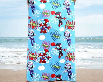 Personalized Spider Hero And Friends Beach Towels, Supehero Beach Towel, Animated Hero Beach Towel, Custom Name Family Cruise Trip Towel
