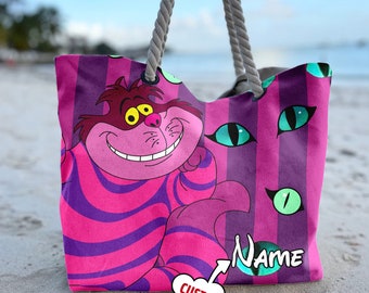 Personalize Alice In Wonderland Beach Bag, Cheshire Cat Tote Bag, Custom Name Character Movie Bag, Summer Vacation Gift For Mom, Daughter