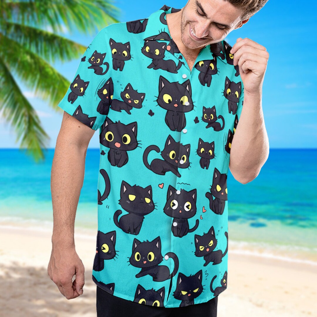 Black Cat Hawaii Shirt, Cat Game Button up Shirt Holiday, Black Cat