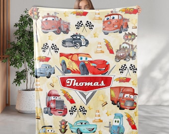 Disney Personalized Cars Blanket, Custom Name Lightning Mcqueen Sally Tow Mater Cars Blanket, Cars Characters Birthday Blanket Gifts