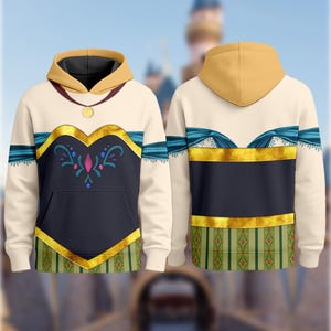 A colorful hoodie with a gold and blue design, featuring a heart-shaped pattern on the front and a striped pattern on the back.