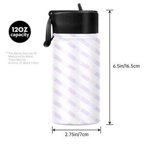 May include: A white water bottle with a black lid and handle, featuring a repeating pattern of lavender diagonal stripes. The bottle is 6.5 inches tall and 2.75 inches wide, with a 12 oz capacity.