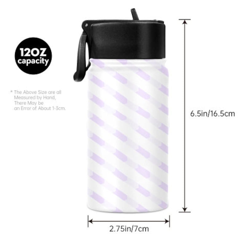 May include: A white water bottle with a black lid and handle, featuring a repeating pattern of lavender diagonal stripes. The bottle is 6.5 inches tall and 2.75 inches wide, with a 12 oz capacity.