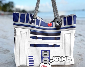 Personalize Star War Robot Beach Bag, Starwars Robot Tote Bag, Custom Name Star War Movie Bag, Summer Trip Gift For Mom, Daughter