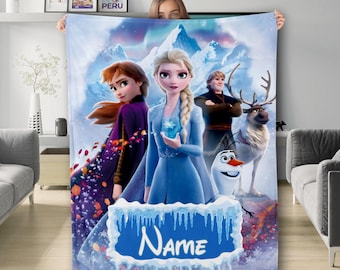 Personalized Main Characters In Icy Place Plush Fleece Blanket, Custom Name Animated Movie Blanket, Magic Kingdom, Birthday Gift, Home Decor