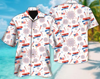 Flags America And Firework 4th Of July US Hawaiian Shirt, America Hawaii Shirt, Independence 4th Of July Button Up, Flags America Shirt