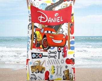 Personalized Car World Beach Towels, Custom Name Red Racing Car Beach Towel, Red Car And Friends Towel, Car Racing Lover Movie Towel