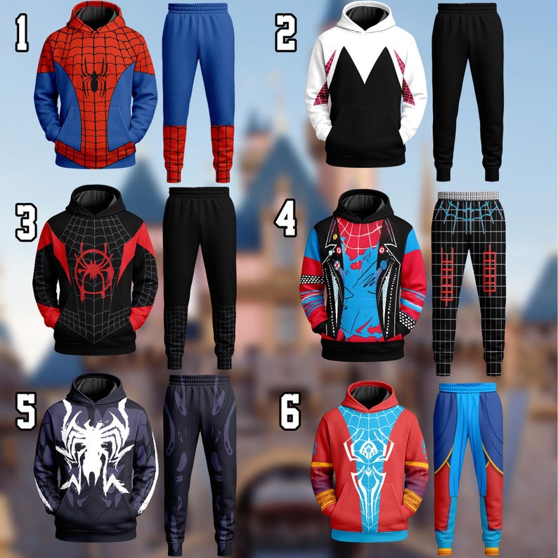 Puede incluir: Seis conjuntos a juego de sudaderas con capucha y pantalones de ch&aacute;ndal. Las sudaderas presentan varios dise&ntilde;os de Spider-Man en rojo, azul, negro y blanco. Los pantalones de ch&aacute;ndal son de colores coordinados, algunos con dise&ntilde;os de telara&ntilde;a.