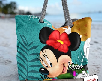 Personalized Minnie Mouse With Flower Beach Bag, Minnie Mouse Tote Bag, Animated Movie Bag, Summer Vacation Gift For Mom And Daughter