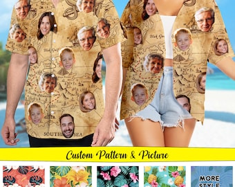 Personalize Photo Pirates Map Hawaiian Shirt, Custom Face Pirates Shirt, Summer Vacation All Over Print Button Up, Floral Summer Beach Cover
