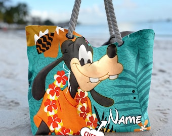 Personalize Goofy Dog Beach Bag, Goofy Dog Summer Hawaii Tote Bag, Custom Name Character Movie Bag, Summer Vacation Gift For Mom, Daughter