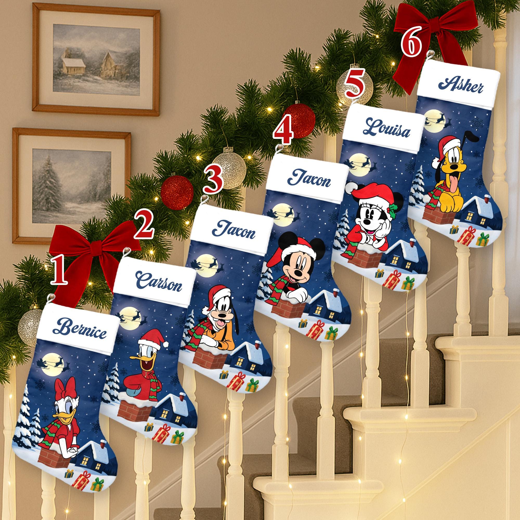 Discover Personalized Mickey And Friends Xmas Stocking, Minnie Donald Daisy Santa Hat Christmas Stockings, Goofy Pluto Socks Home Decoration