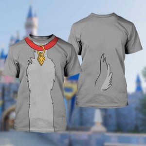 May include: Two gray t-shirts, one showing the front and the other the back. The front shirt has a cartoon design of a dog's chest, collar, and pendant. The back of the shirt has a tail design. The collar is red, and the pendant is gold.