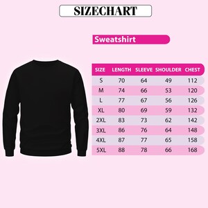 a black sweatshirt with size and length measurements listed below it.
